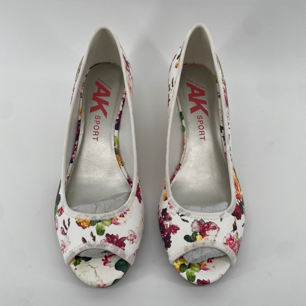 Anne Klein Sport Camrynne Wedge Women 10 White Floral Peep Toe AK Camrynne Shoes